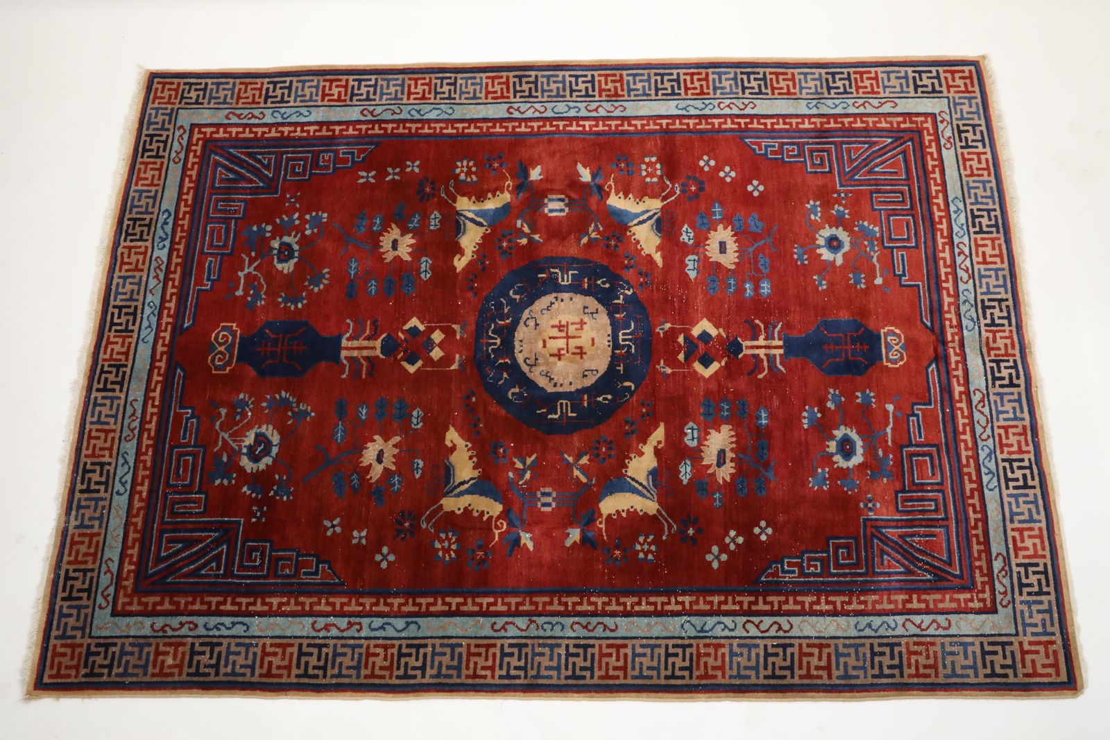 2857.0 Antique Handmade Chinese Khotan Rug/Carpet Geometric Deco Design Knotted photo