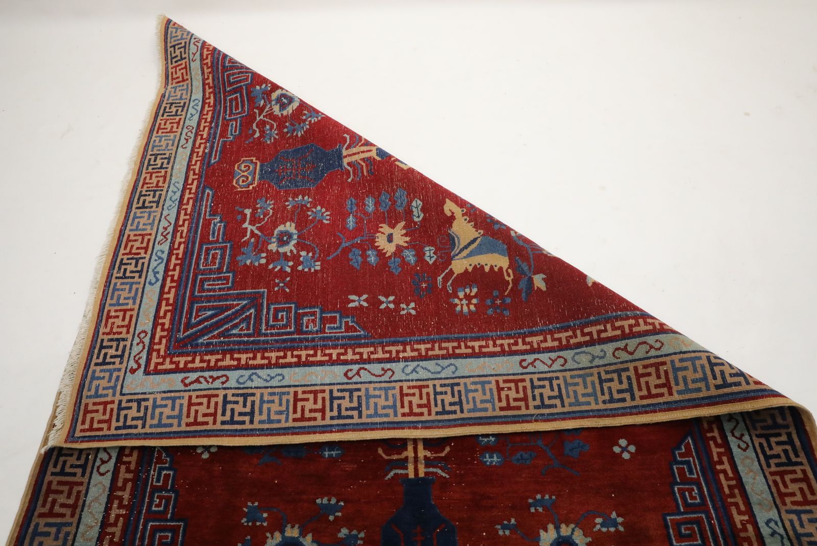 photo vintage Antique Handmade Chinese Khotan Rug/Carpet Geometric Deco Design Knotted