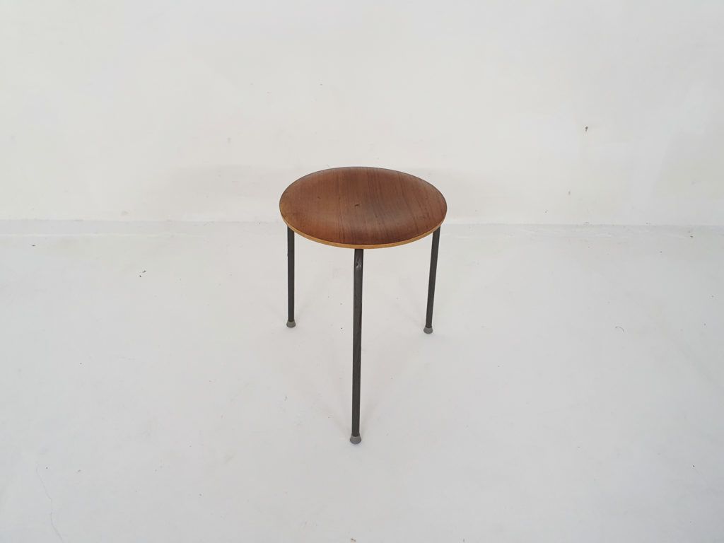 Teak And Metal Arne Jacobsen Inspired Tripod Stool, Denmark 1960's photo for sale