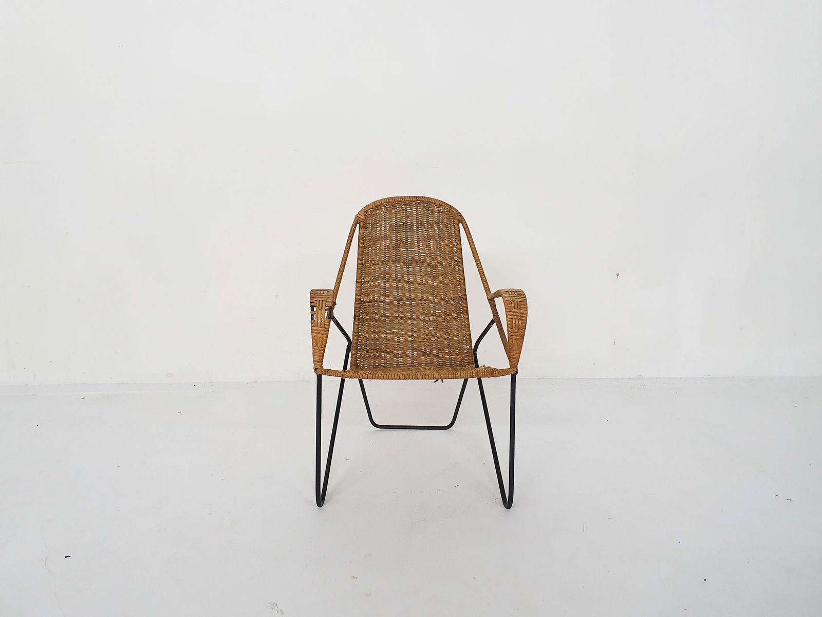 Elegant Rattan And Metal Kids Chair, 1950's photo for sale