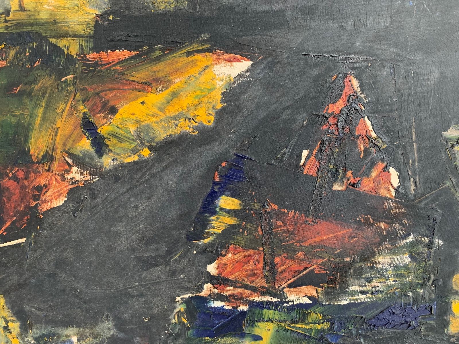 Interesting Midcentury British Modernist Impasto Oil On Board Painting In Original Period Frame photo vinterior