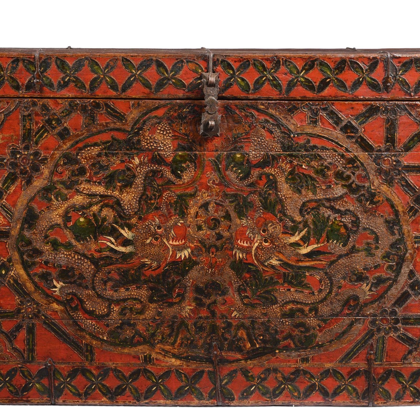 Antique Painted Tibetan 'Double Dragon' Storage Chest 17th Century photo for sale