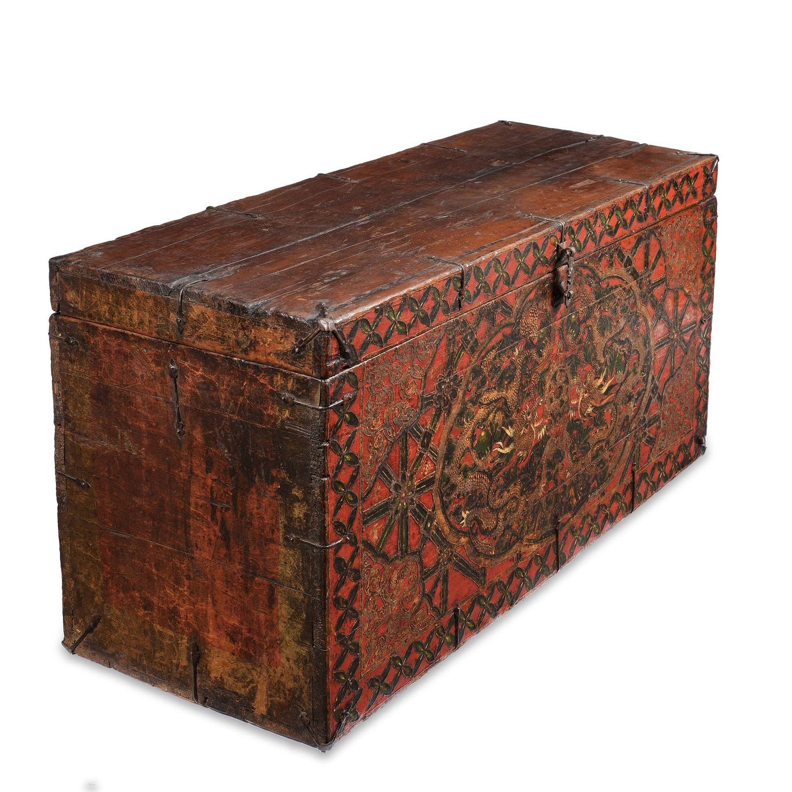 Antique Painted Tibetan 'Double Dragon' Storage Chest 17th Century photo buy