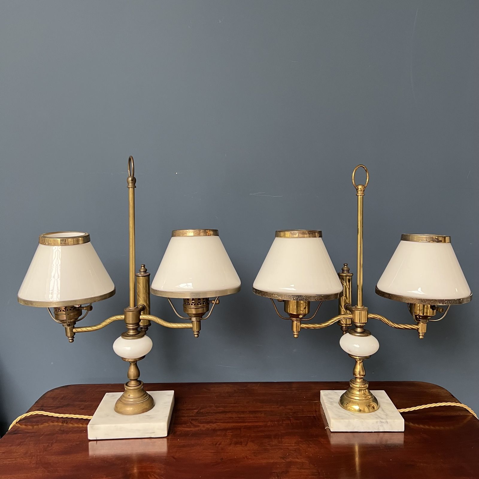 A Pair Of Twin Sconce Brass And Marble Lamps With Milk Glass Shades   Mid 20th Century photo 325.0