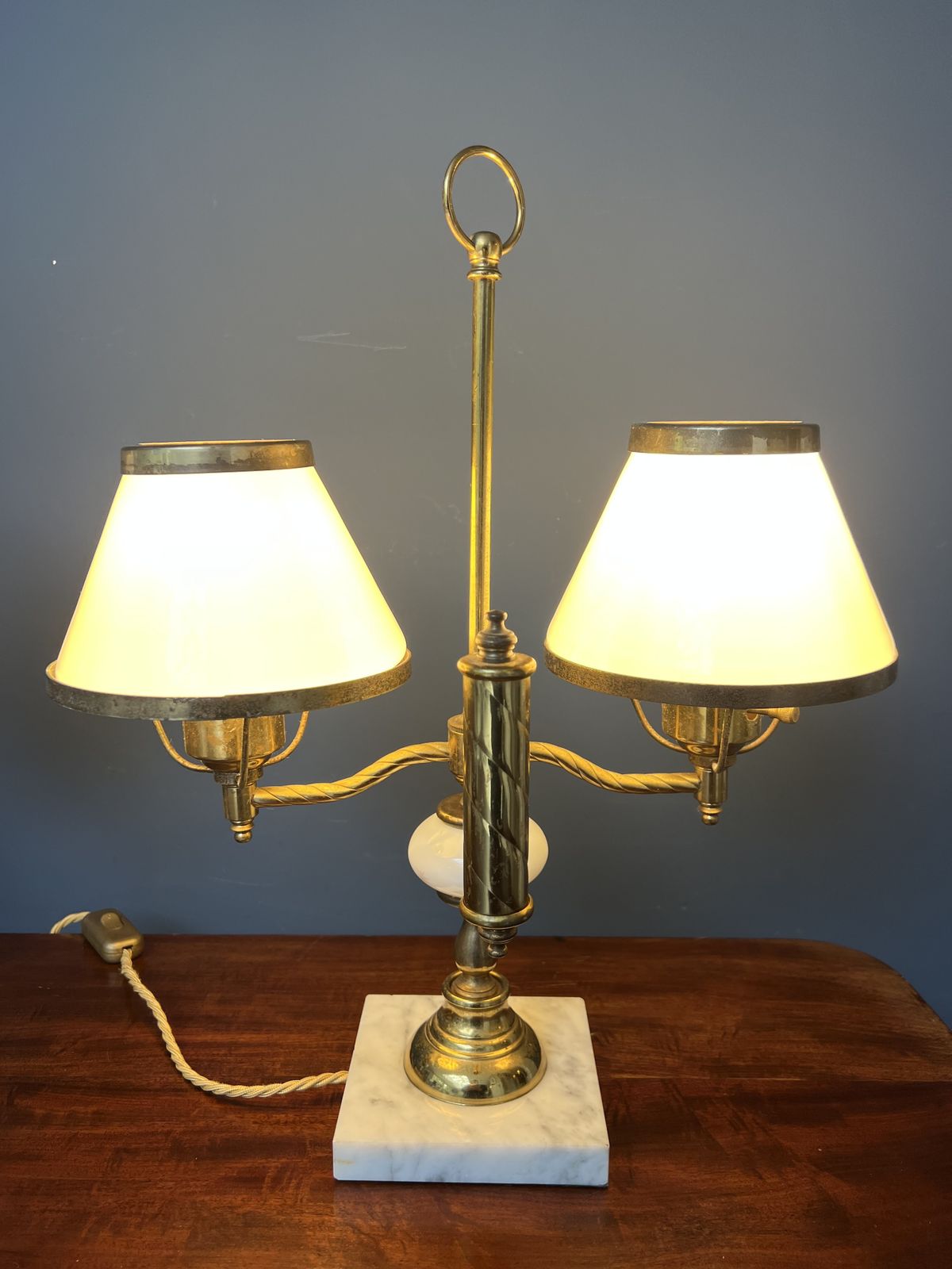 photo vintage A Pair Of Twin Sconce Brass And Marble Lamps With Milk Glass Shades   Mid 20th Century