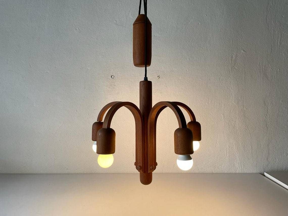 Teak 5 Armed Sputnik Counterweight Pendant Lamp By Domus 1970s, Italy photo for sale