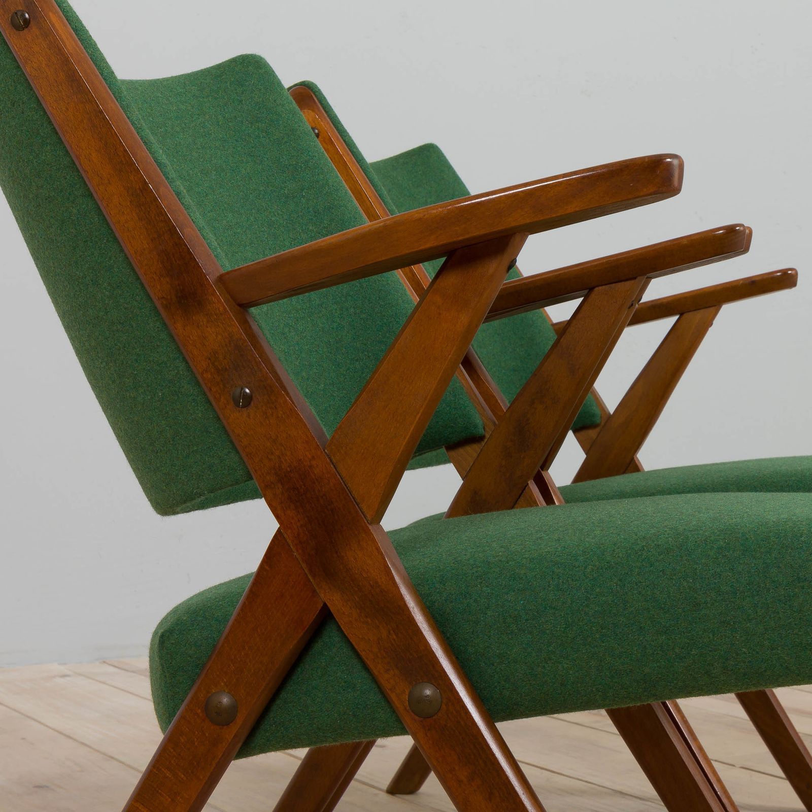 photo for sale Pair Of Dal Vera Model 3011 Armchairs In Green Wool Made By Colegoano Italia, 1950s