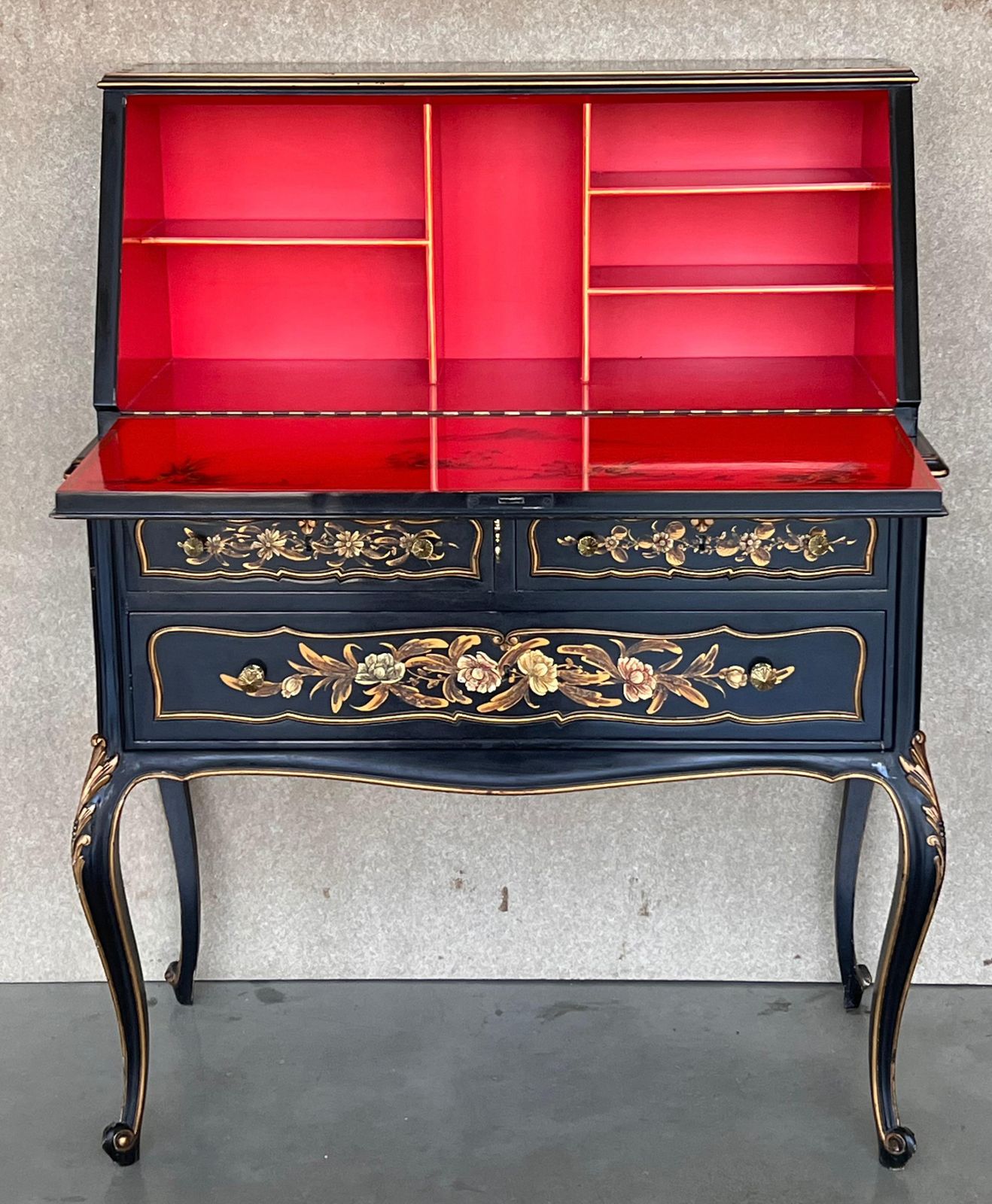 Bureau à abattant de style Chippendale en bois laqué noir, vers 1900 photo 3478.0
