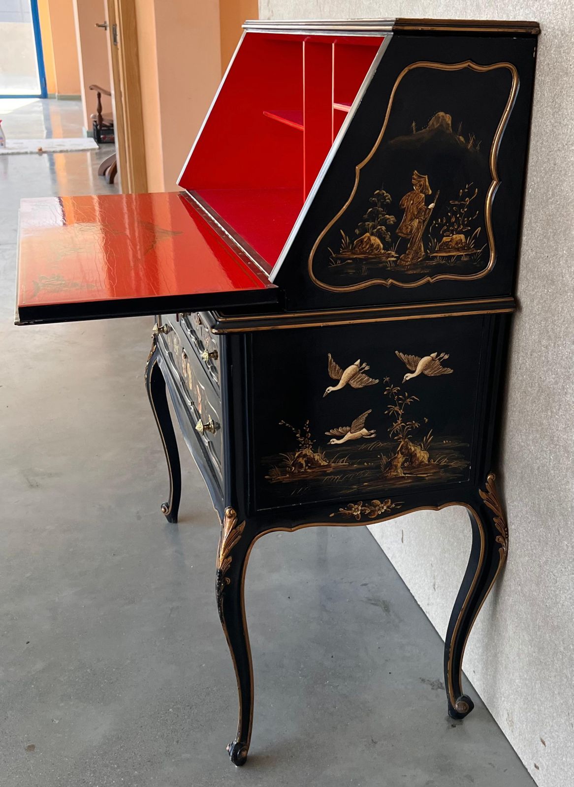 Chippendale Style Slant Top Desk In Black Lacquered Wood, Circa 1900 photo vintage