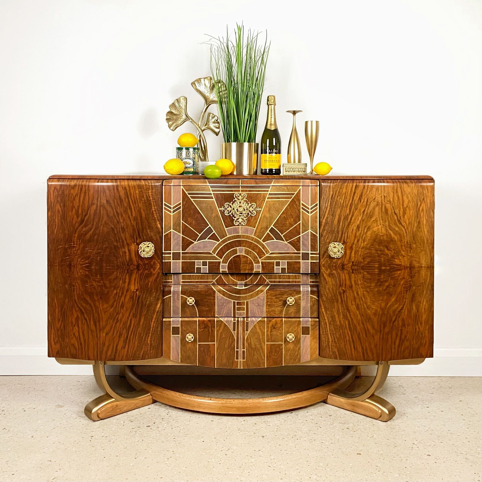 Art Deco Beautility Walnut Cocktail Cabinet With Geometric Marquetry Style Sunrise Design