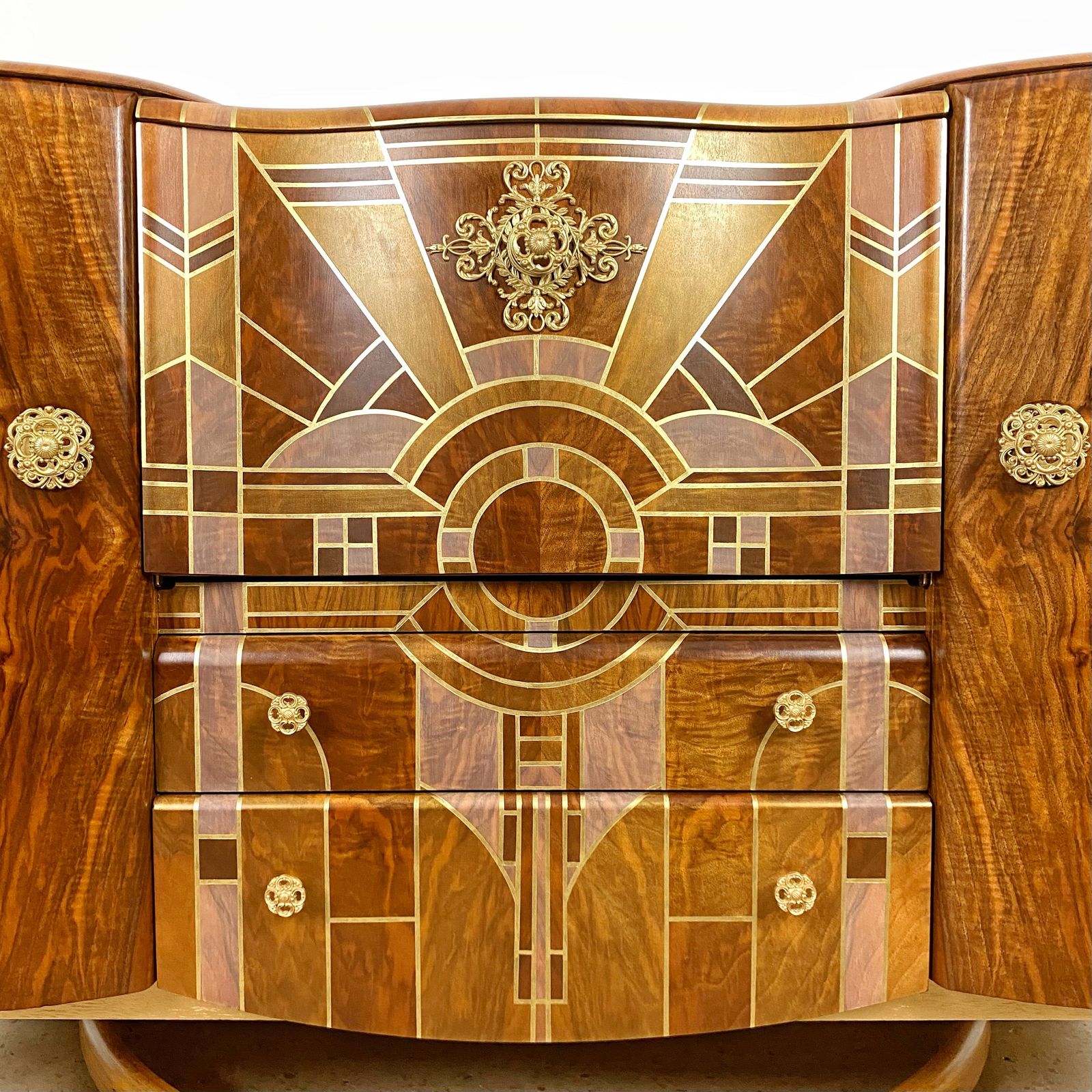 Art Deco Beautility Walnut Cocktail Cabinet With Geometric Marquetry Style Sunrise Design photo vinterior