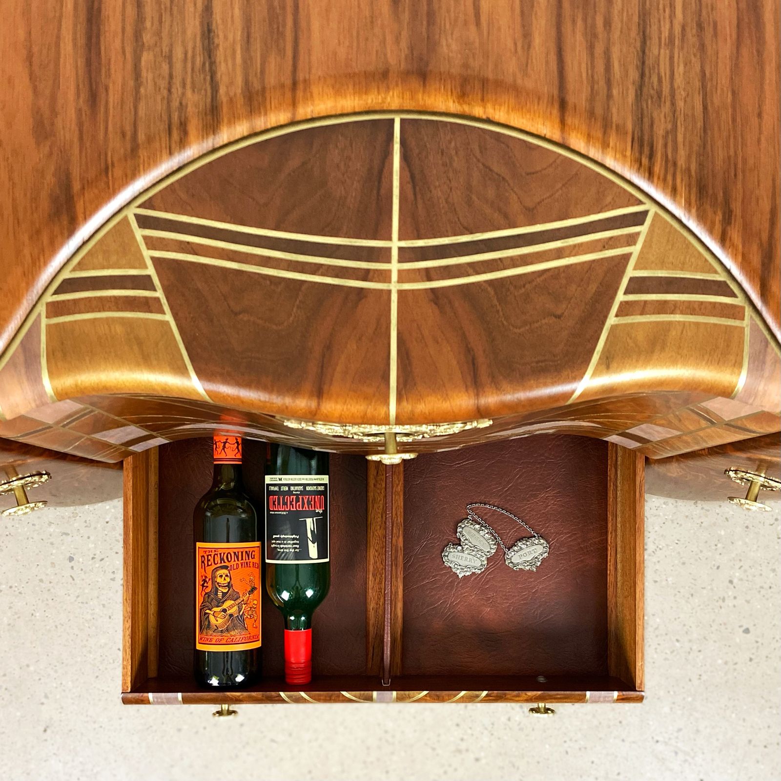 Art Deco Beautility Walnut Cocktail Cabinet With Geometric Marquetry Style Sunrise Design photo buy