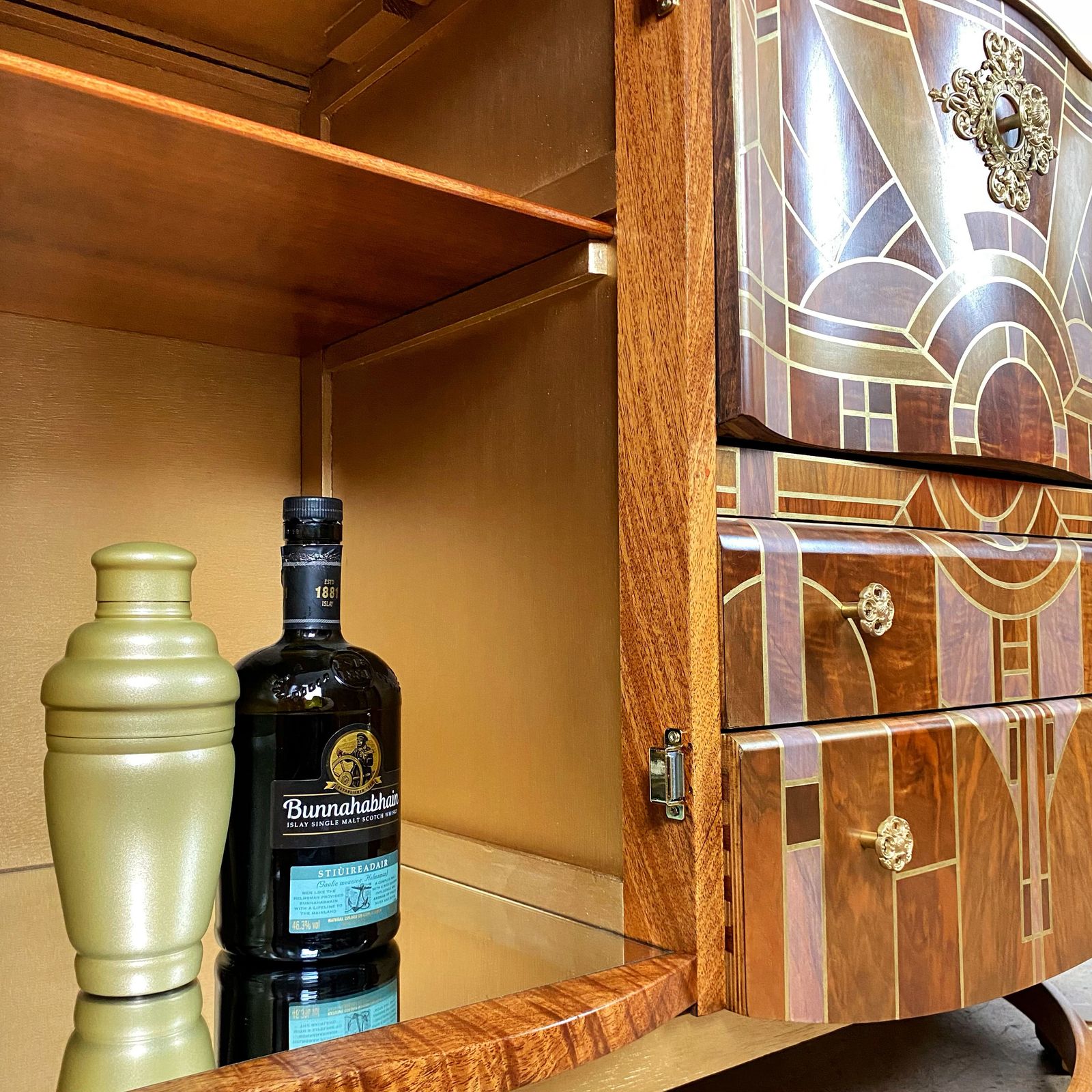 Art Deco Beautility Walnut Cocktail Cabinet With Geometric Marquetry Style Sunrise Design photo vintage