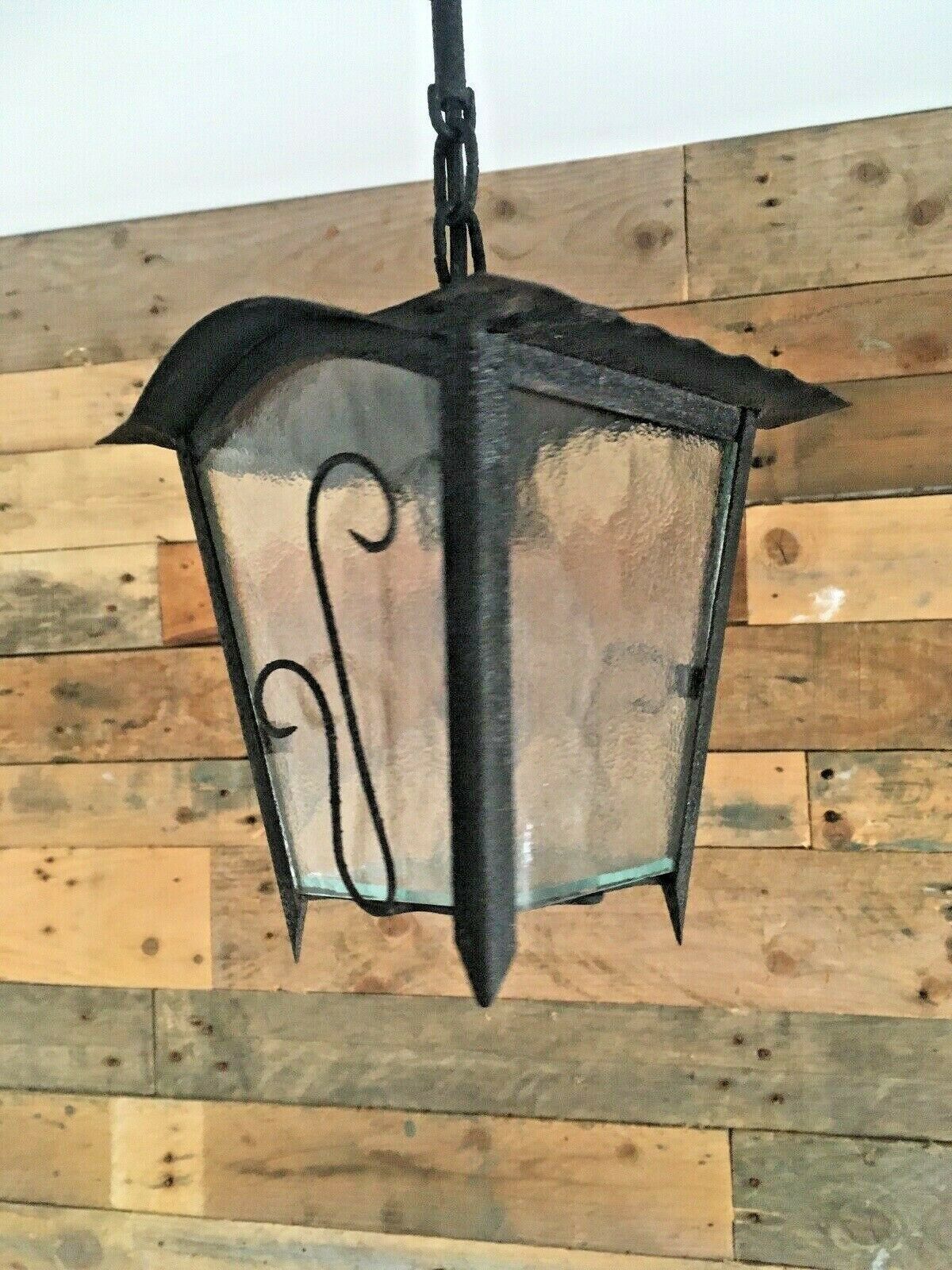 Antique French Art Nouveau Iron & Glass Hanging Porch Lantern Lamp Light Gothic photo for sale
