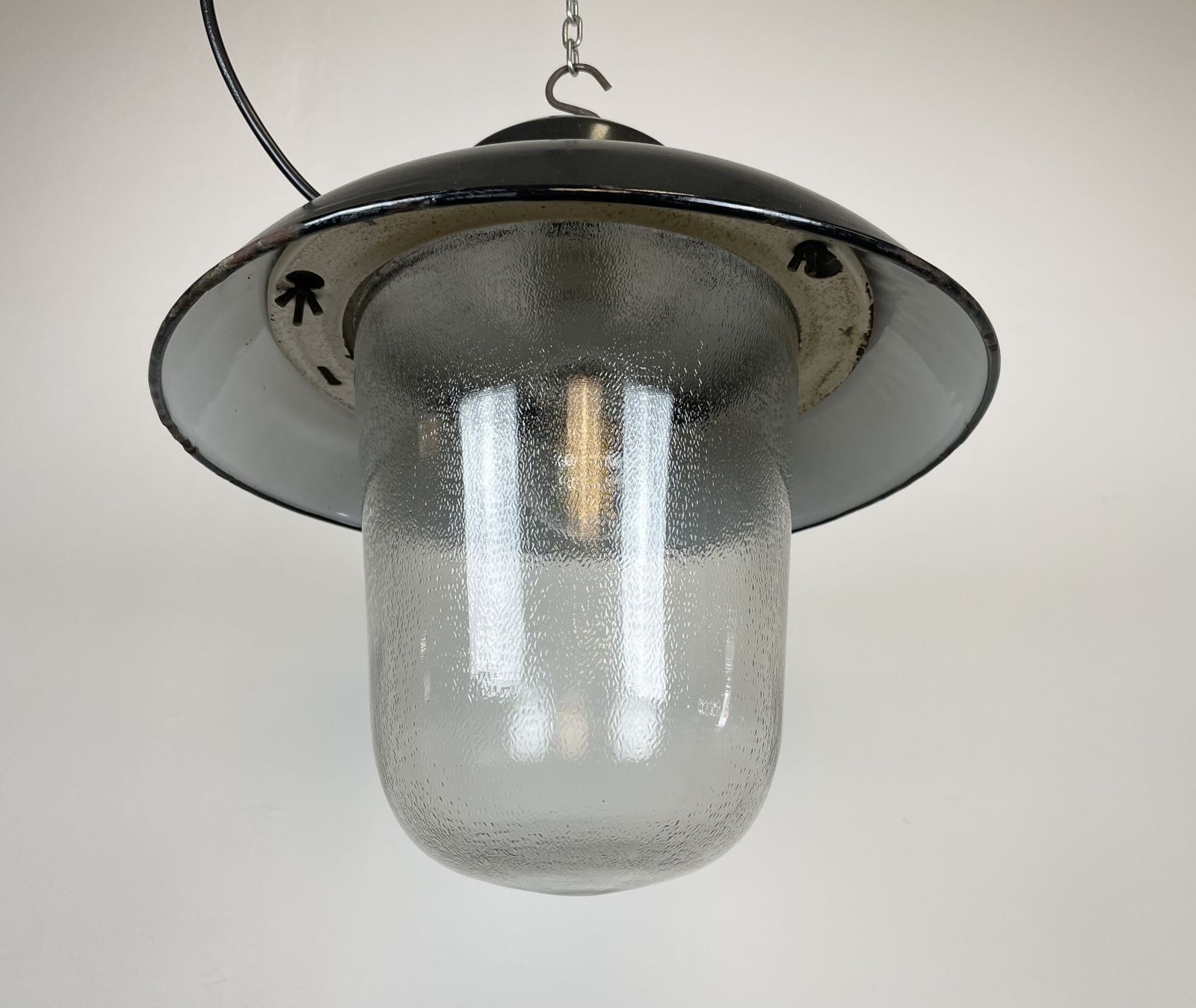 Industrial Black Enamel Factory Hanging Lamp, 1960s photo 179.0