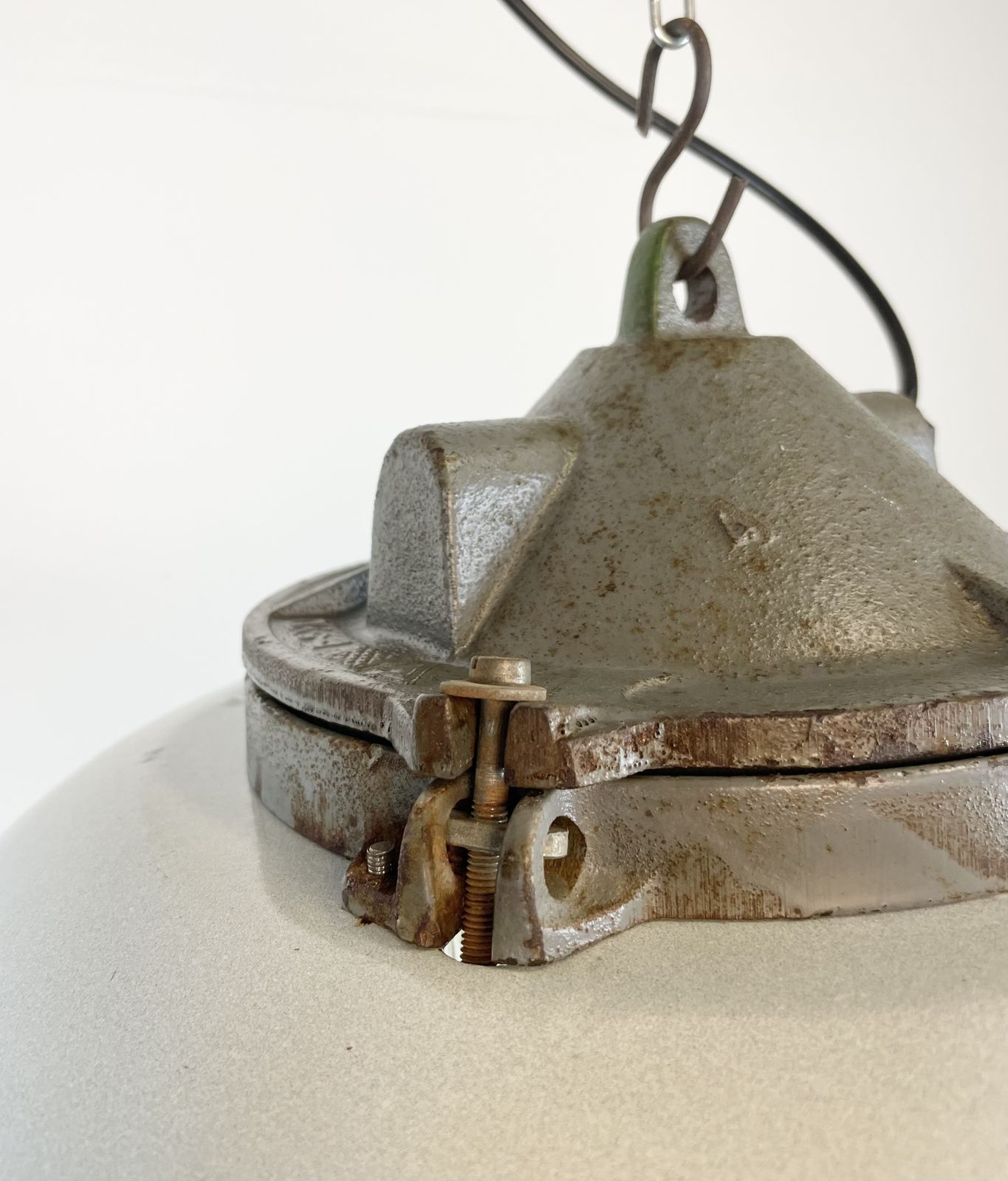 Industrial Grey Enamel Factory Cage Pendant Lamp In Cast Iron From Zaos, 1960s, 25x photo Lighting