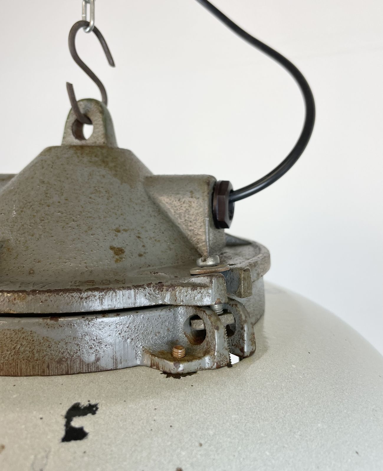Industrial Grey Enamel Factory Cage Pendant Lamp In Cast Iron From Zaos, 1960s, 25x photo vintage