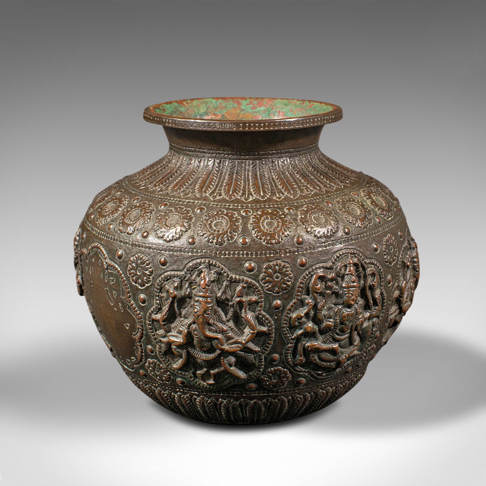 Antique Celebration Pot, Indian, Bronze, Diwali Vase, Ganesh, Lakshmi photo Home Decor