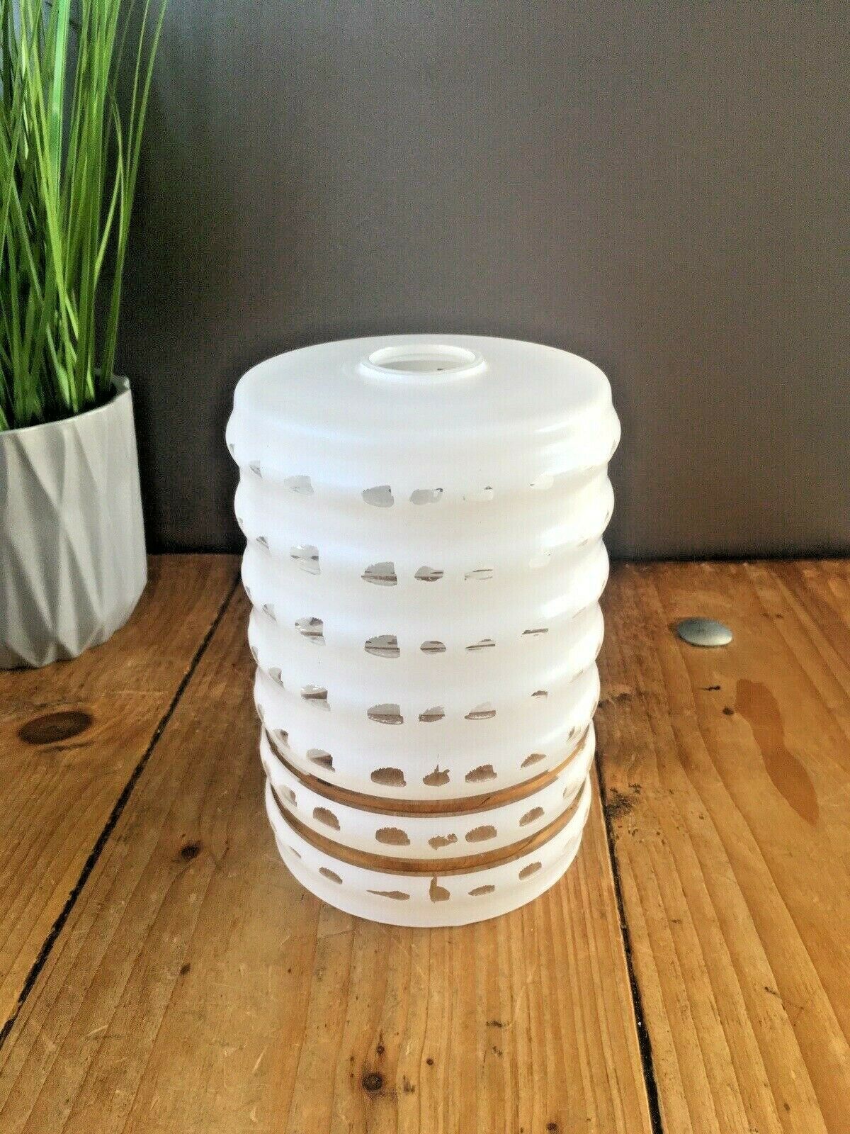 Retro 70's White Glass Gold Bands Rippled Light Lamp Shade Op Art Mid Century photo vintage