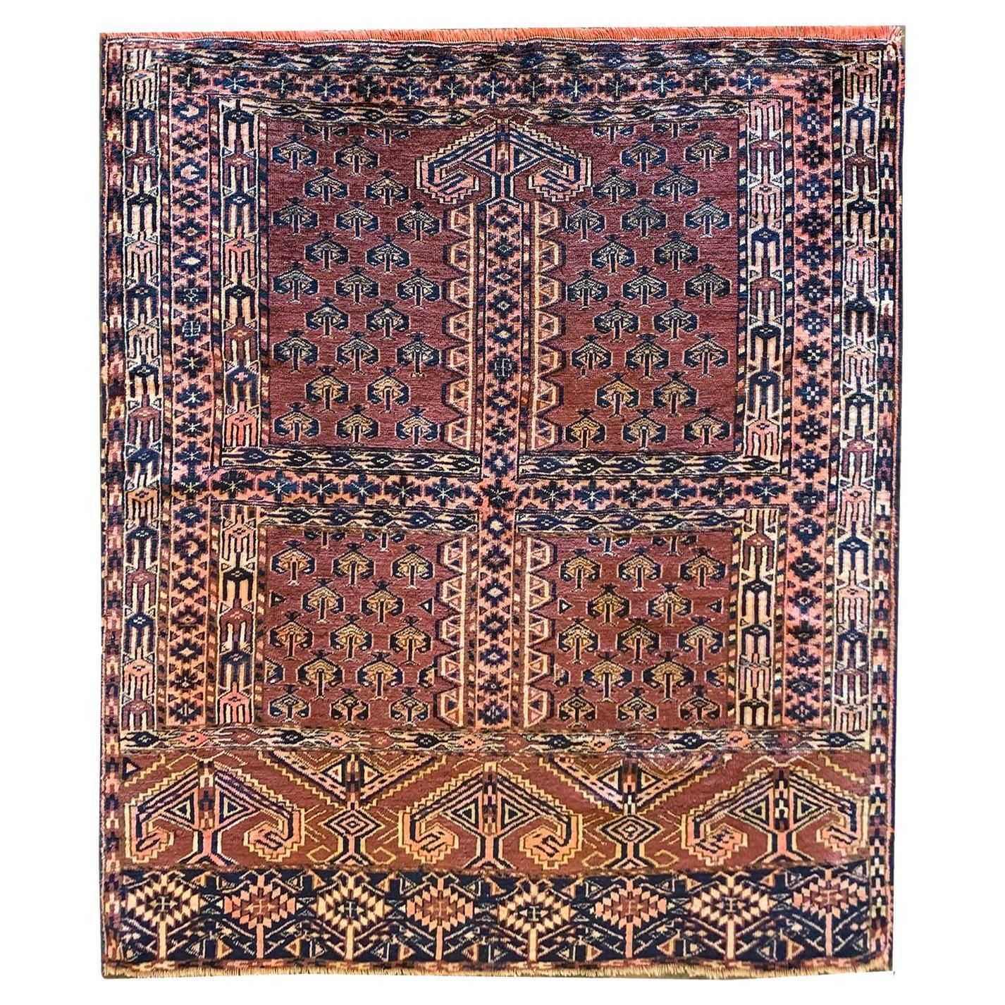 Traditional Turkmen Rug, Rust Wool Carpet, Hand Knotted Antique Rug