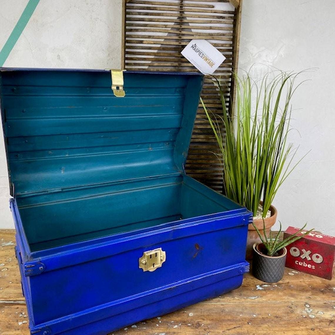 Sml Industrial Blue Steamer Trunk Chest Coffee Table Storage Box photo furniture