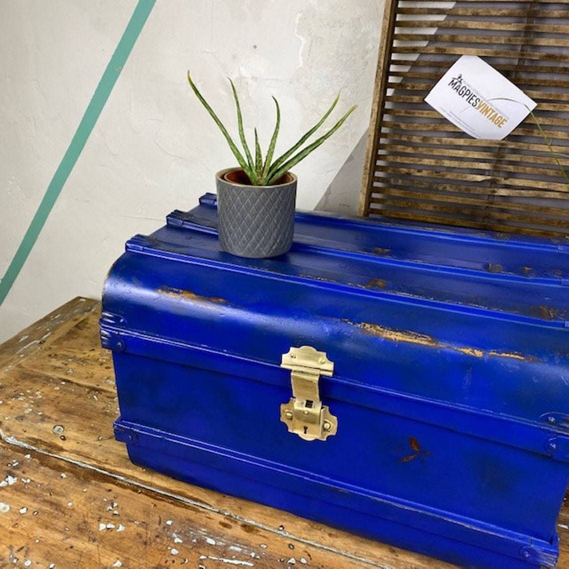 Sml Industrial Blue Steamer Trunk Chest Coffee Table Storage Box photo Furniture