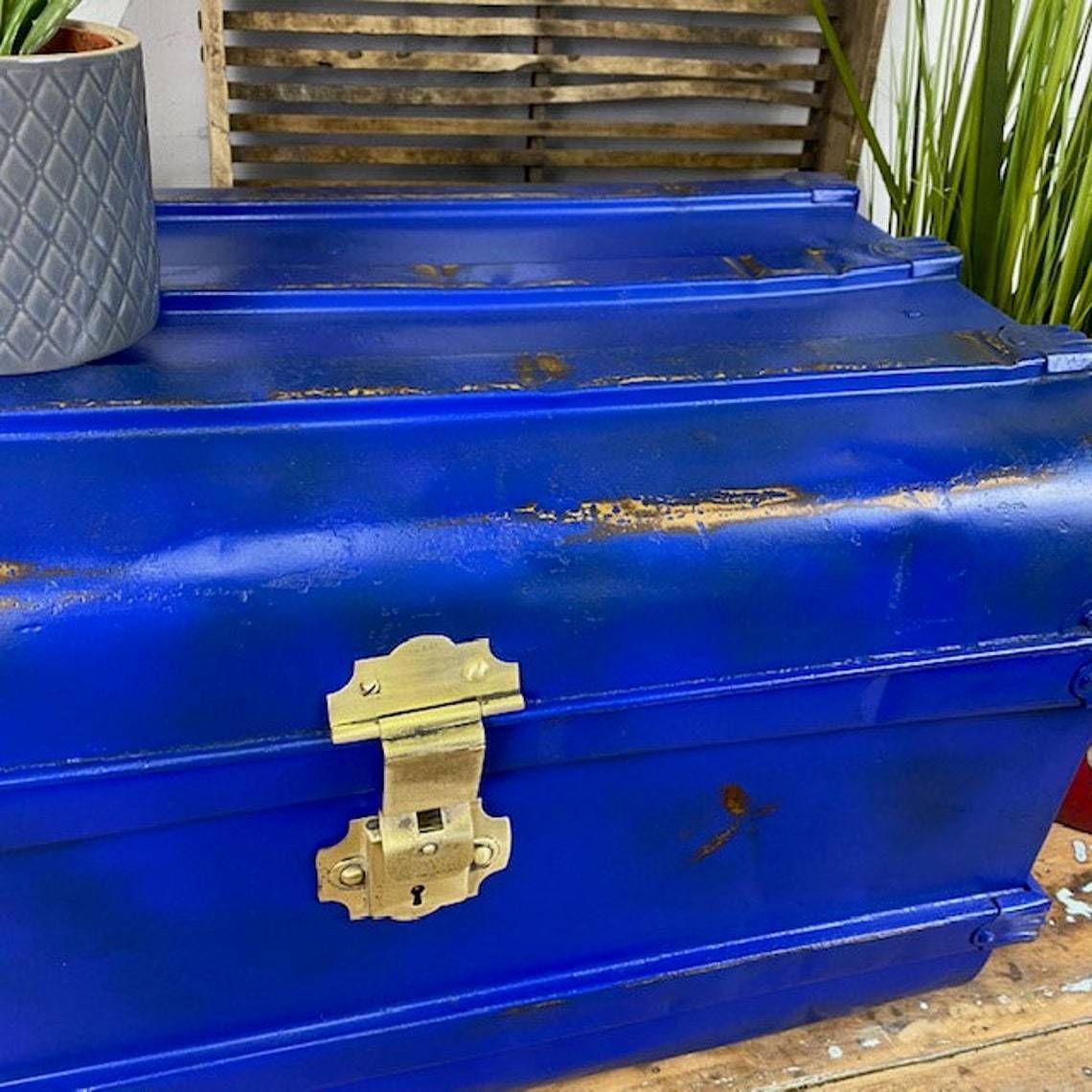Sml Industrial Blue Steamer Trunk Chest Coffee Table Storage Box photo 149.0