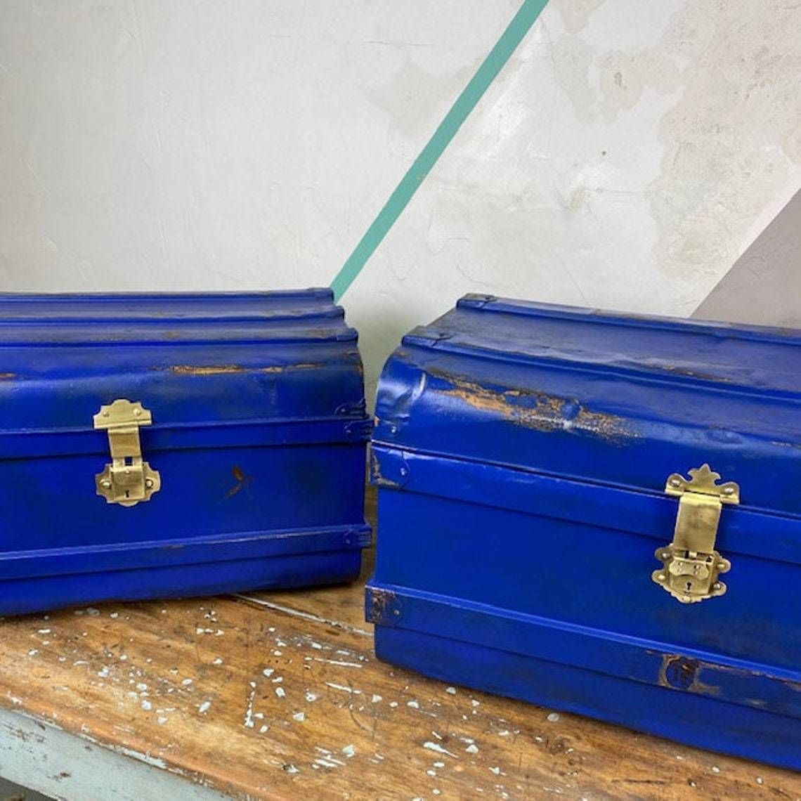 photo for sale Sml Industrial Blue Steamer Trunk Chest Coffee Table Storage Box