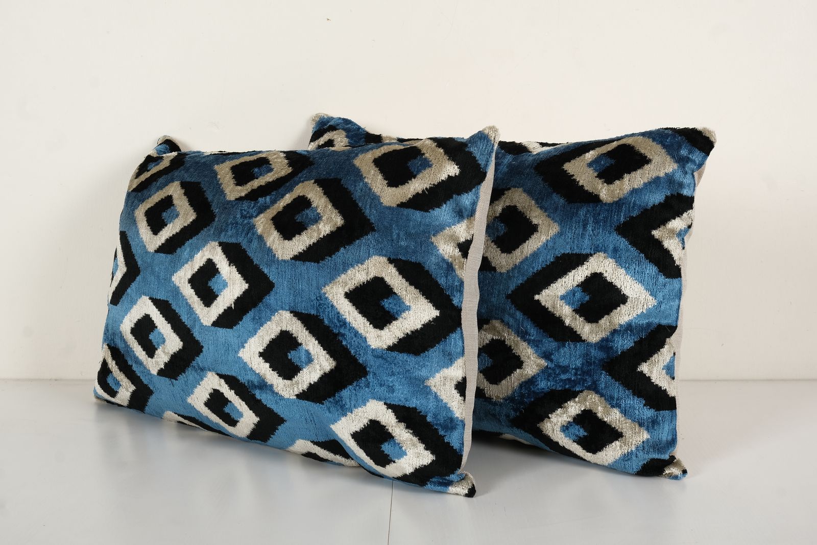 Blue Silk Ikat Velvet Pillow Cover   Set Of Two Uzbek Lumbar Cushion   Pair Ethnic Decorative Pillow   Velvet Ikat Pillow 16" X 24" photo Textiles