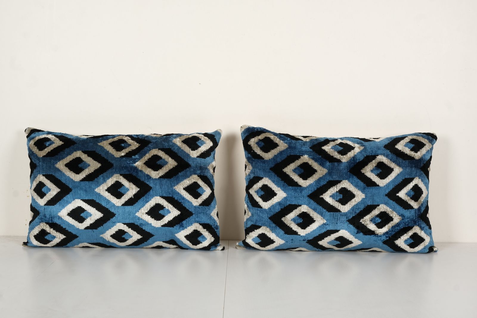 Blue Silk Ikat Velvet Pillow Cover   Set Of Two Uzbek Lumbar Cushion   Pair Ethnic Decorative Pillow   Velvet Ikat Pillow 16" X 24"