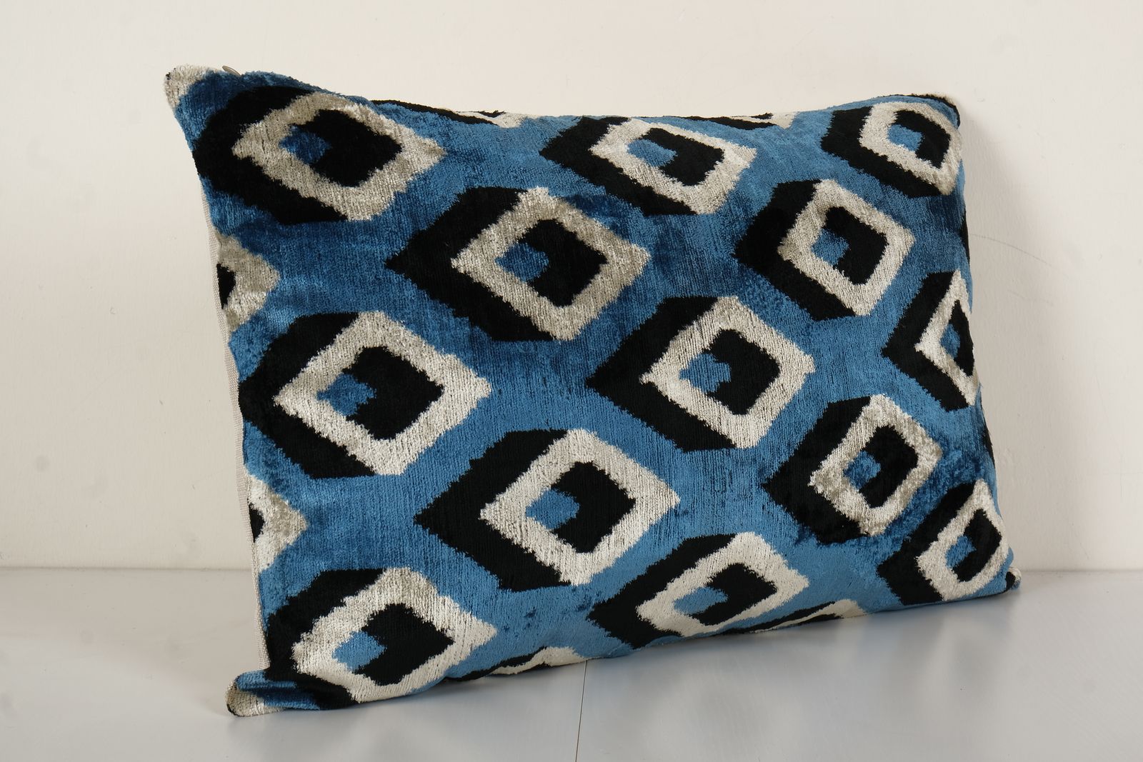 Blue Silk Ikat Velvet Pillow Cover   Uzbek Lumbar Cushion   Pair Ethnic Decorative Pillow   Velvet Ikat Pillow 16" X 24" photo for sale
