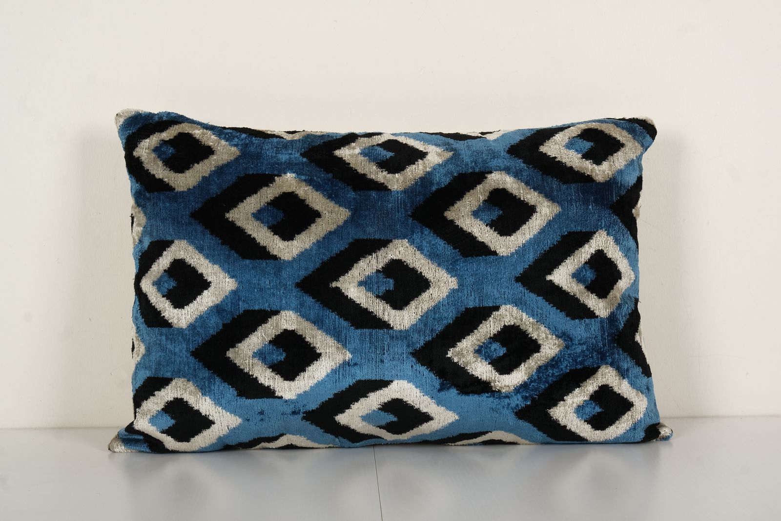 Blue Silk Ikat Velvet Pillow Cover   Uzbek Lumbar Cushion   Pair Ethnic Decorative Pillow   Velvet Ikat Pillow 16" X 24"