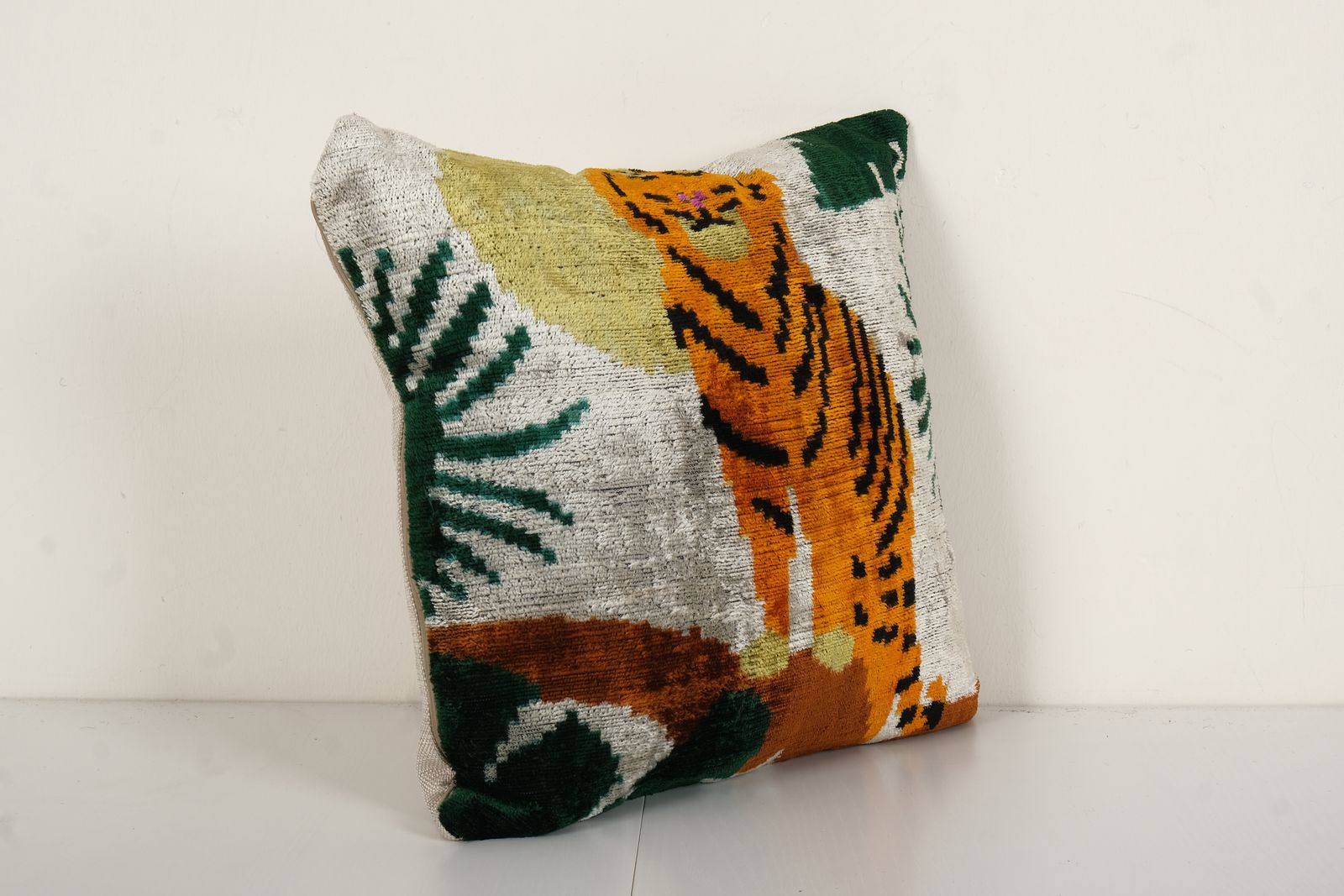 Square Silk Tiger Ikat Velvet Pillow, Yellow Animal Pattern Ethnic Cushion, Handloom Ethnic Pillow Cover 16" X 16" photo furniture