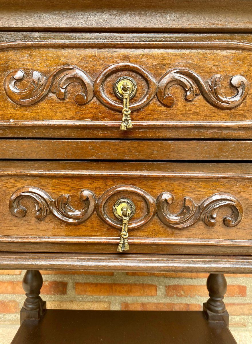 French Nightstands In Carved Walnut Two Drawers And Shelf, Set Of 2 photo vinterior