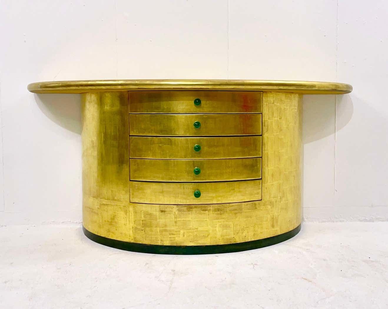 Mid Century Golden Leaves And Malachite Cuffs Demi Lune Console With Drawers photo furniture