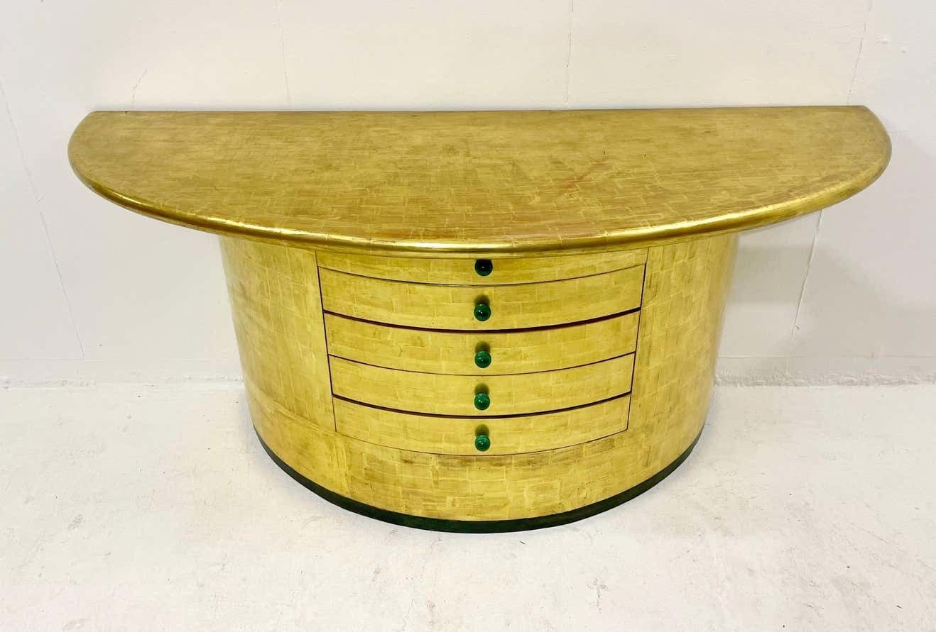 Mid Century Golden Leaves And Malachite Cuffs Demi Lune Console With Drawers photo for sale