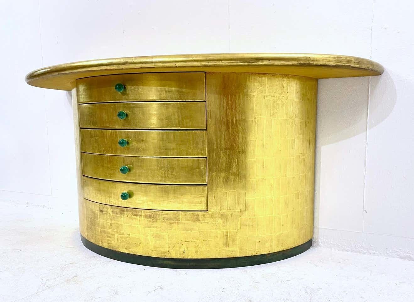 Mid Century Golden Leaves And Malachite Cuffs Demi Lune Console With Drawers photo 10605.0