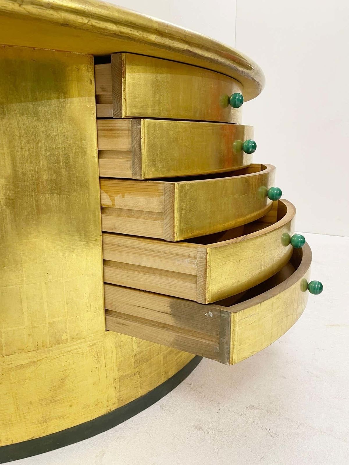 photo furniture Mid Century Golden Leaves And Malachite Cuffs Demi Lune Console With Drawers