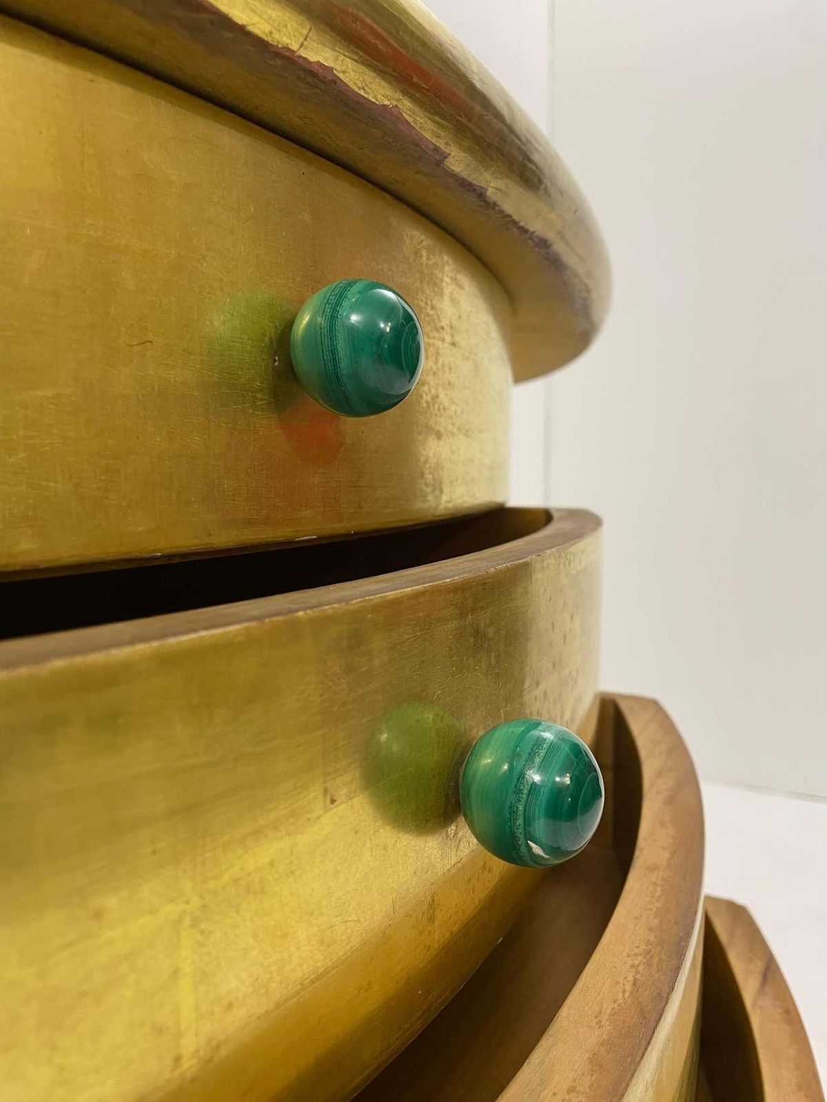 photo for sale Mid Century Golden Leaves And Malachite Cuffs Demi Lune Console With Drawers