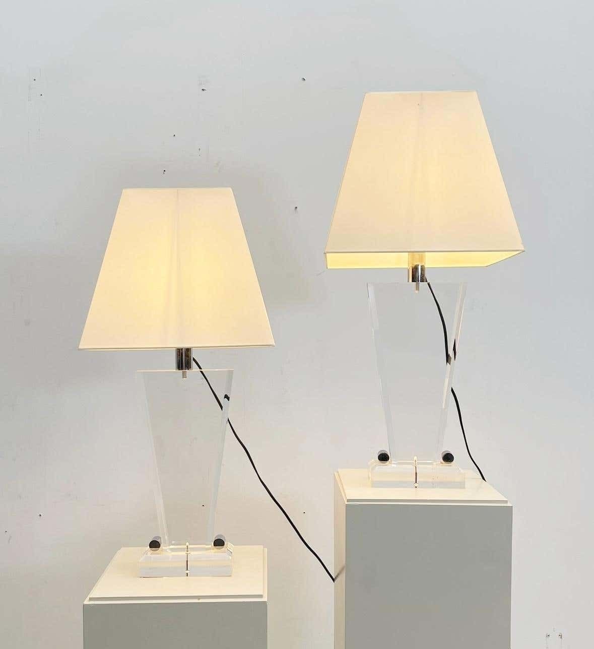 Pair Of Mid Century Plexiglass Table Lamp With Lampshade   Italy 1970s photo vinterior