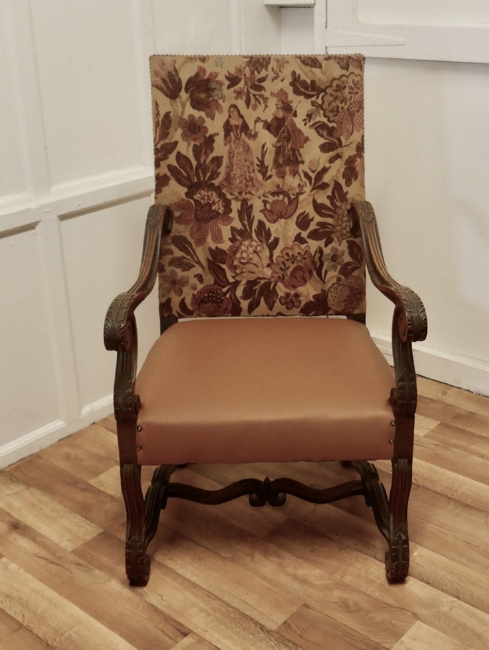 Carved French Oak Salon Throne Chair  Original Pictorial Upholstery photo furniture