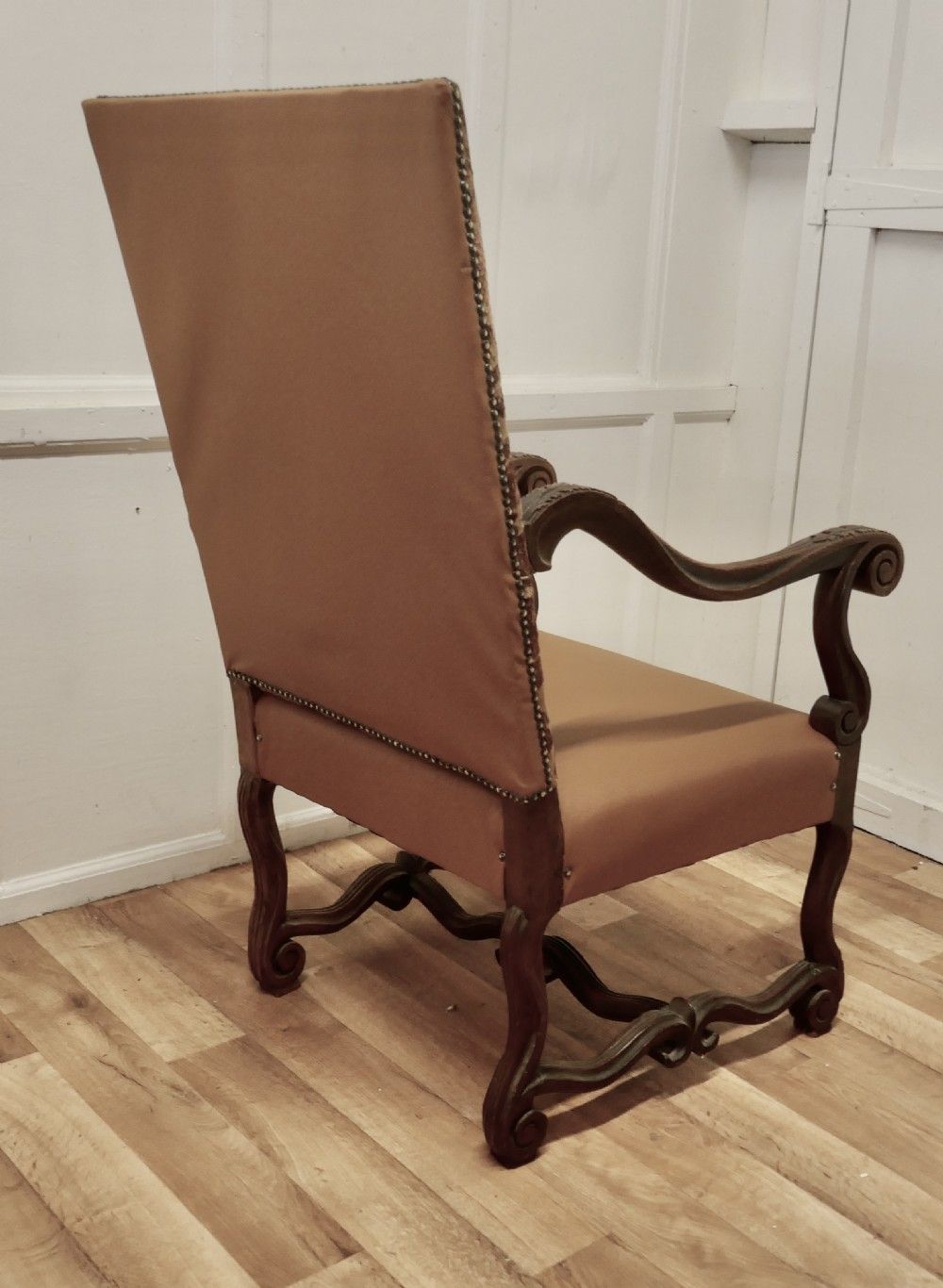 photo furniture Carved French Oak Salon Throne Chair  Original Pictorial Upholstery