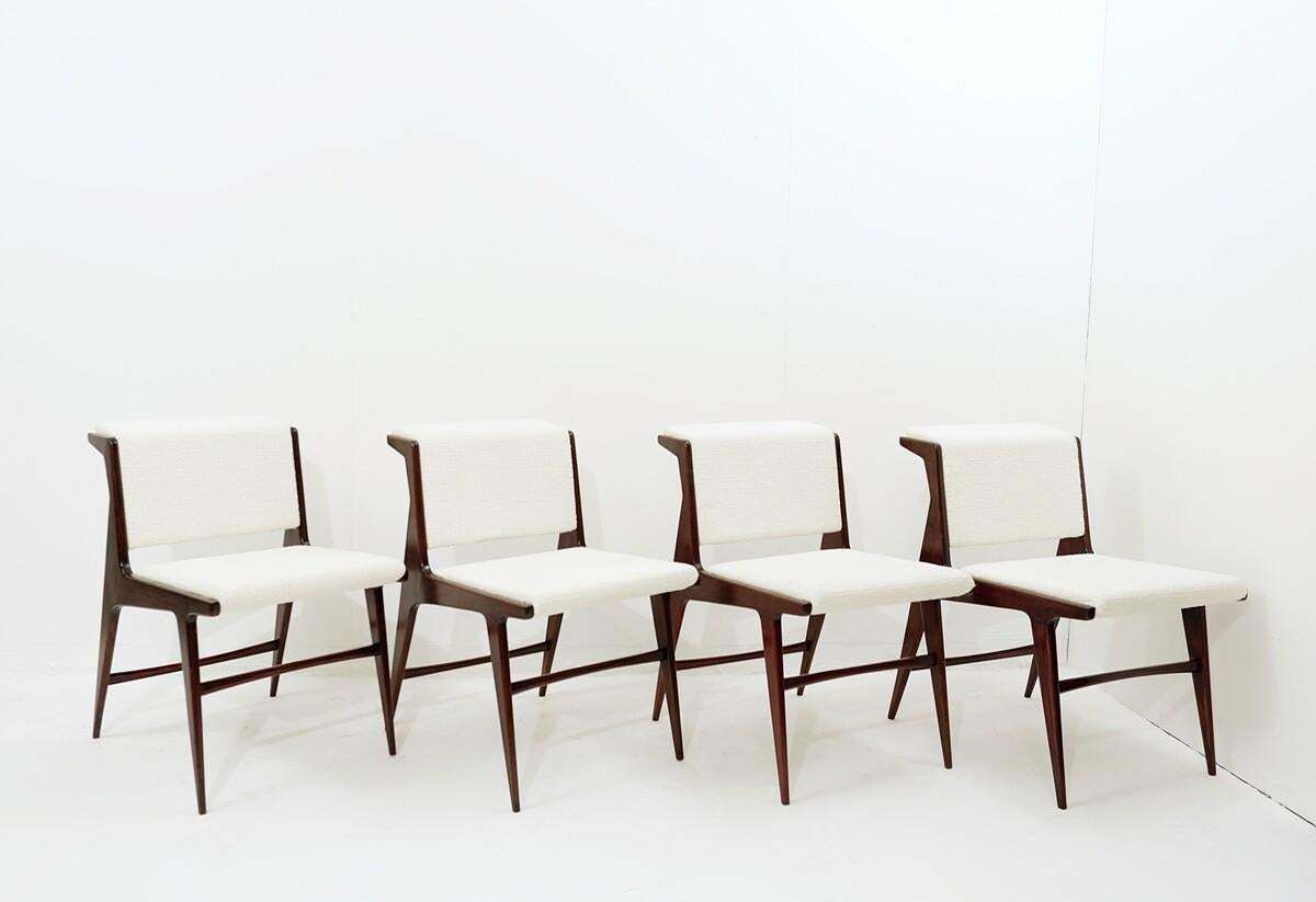 Set Of 4 Mid Century Modern Italian Chairs, Wood And White Fabric, 1960s photo for sale