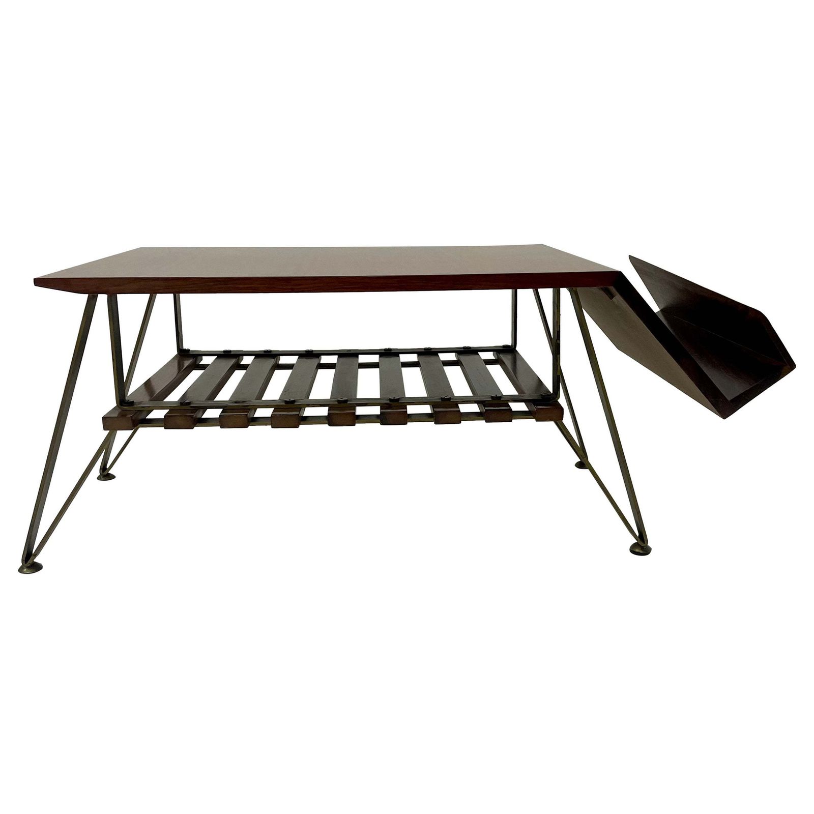 Mid Century Modern Italian Coffee Table With Magazine Rack, Wood And Metal, 1960