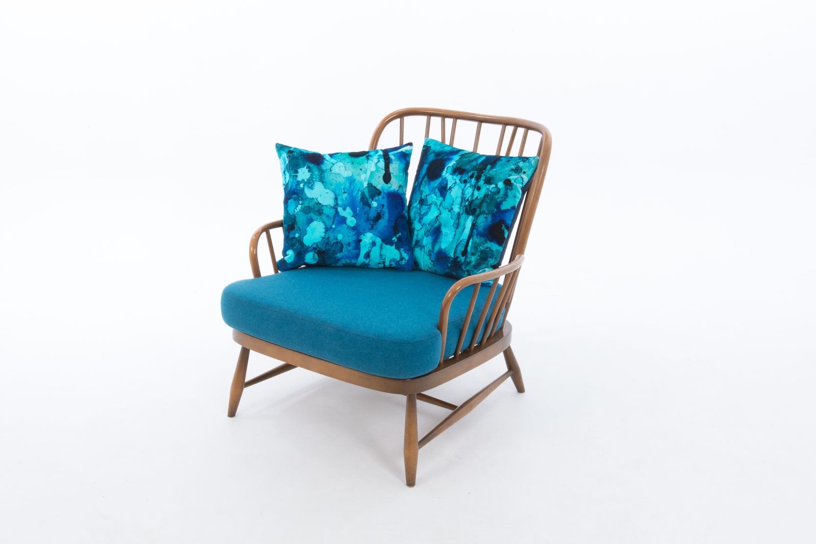 Ercol Jubilee Chair, Teal Wool With Timorous Beasties Storm Blotch Velvet Cushions