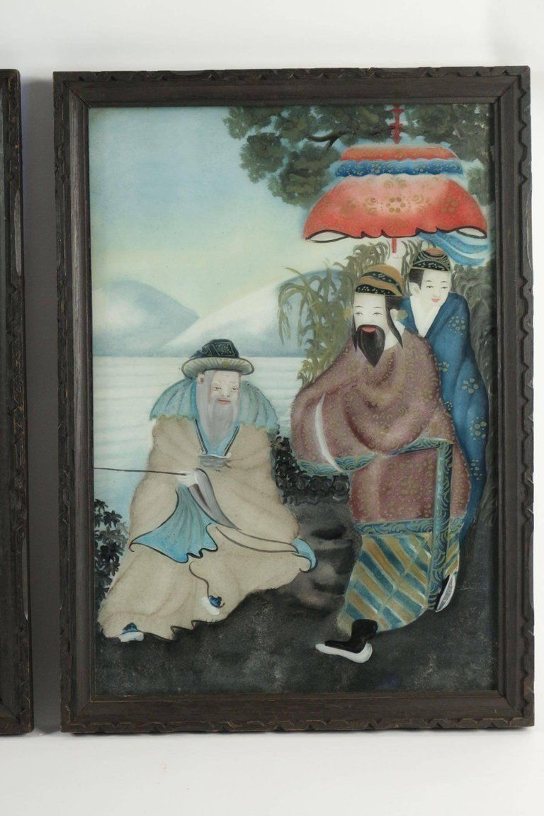 Pair Of 19th Century Asian Painting Under Glass Of Superior Quality photo for sale