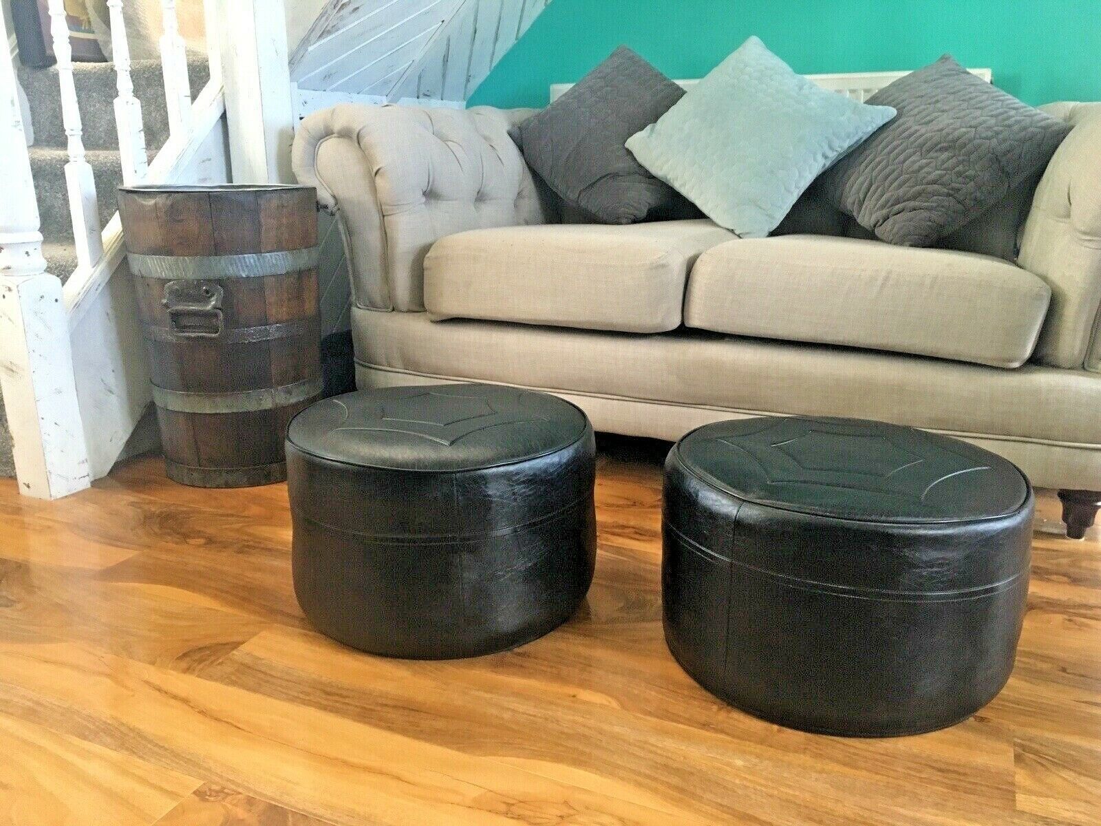 85.0 1 Retro 1950's Genuine Sherborne Black Faux Leather Geometric Foot Stool Pouffe photo