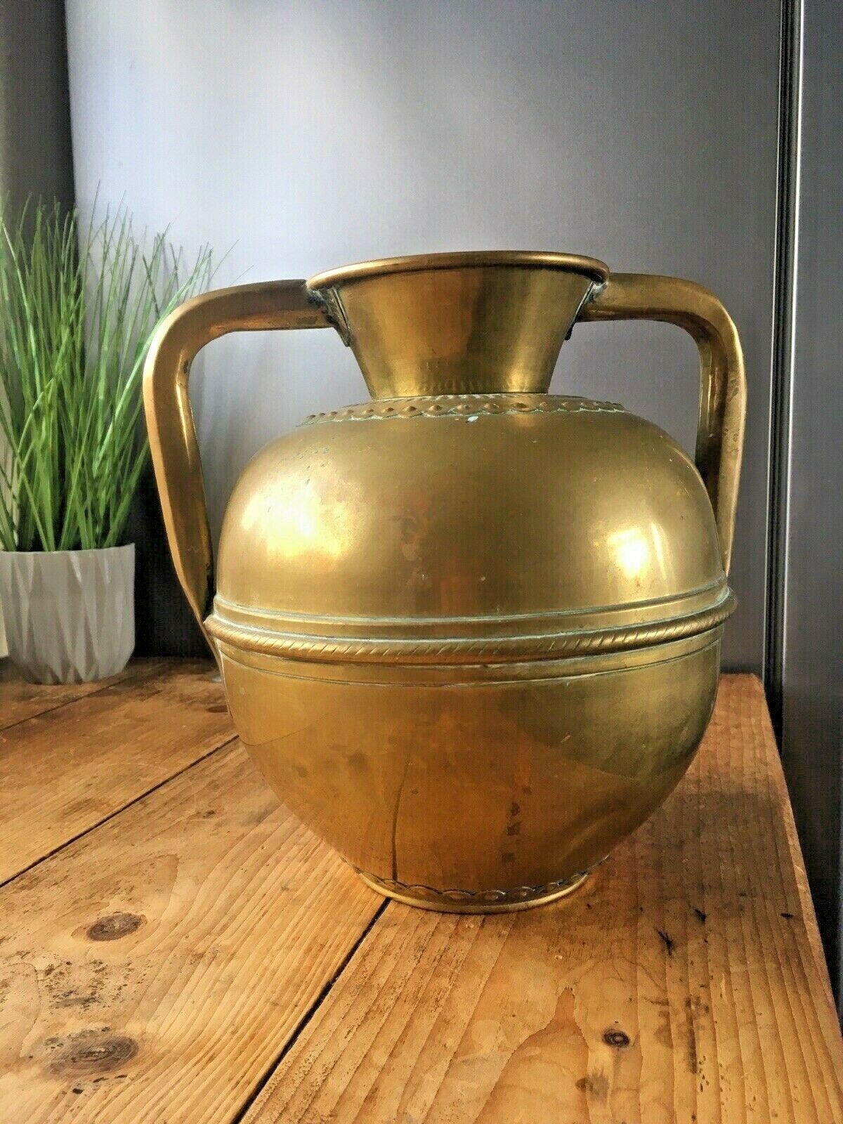 Antique French Brass Twin Handled Urn Water Jug Vase Garanti Villedieu Plant Pot