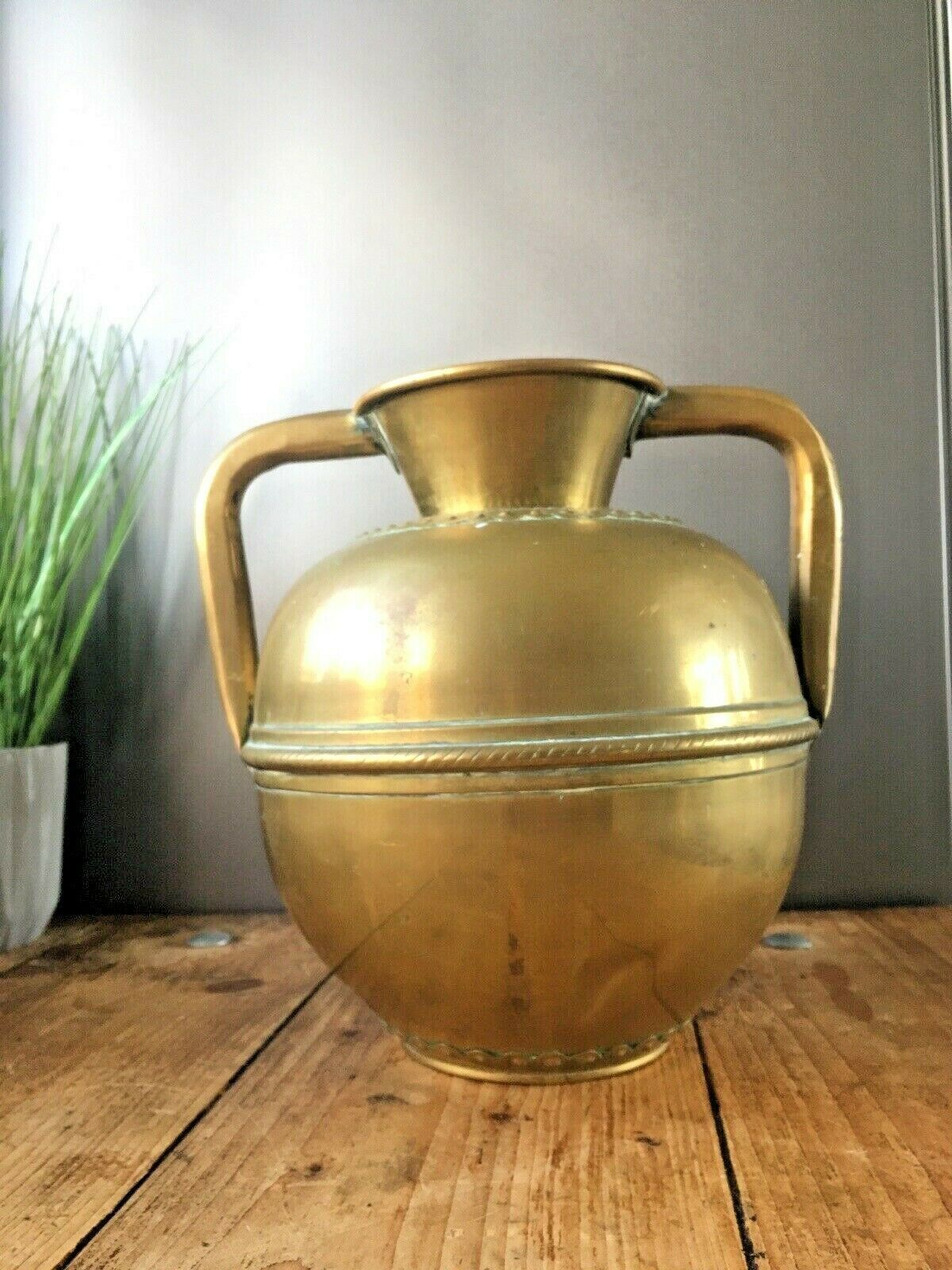 Home Decor Antique French Brass Twin Handled Urn Water Jug Vase Garanti Villedieu Plant Pot photo