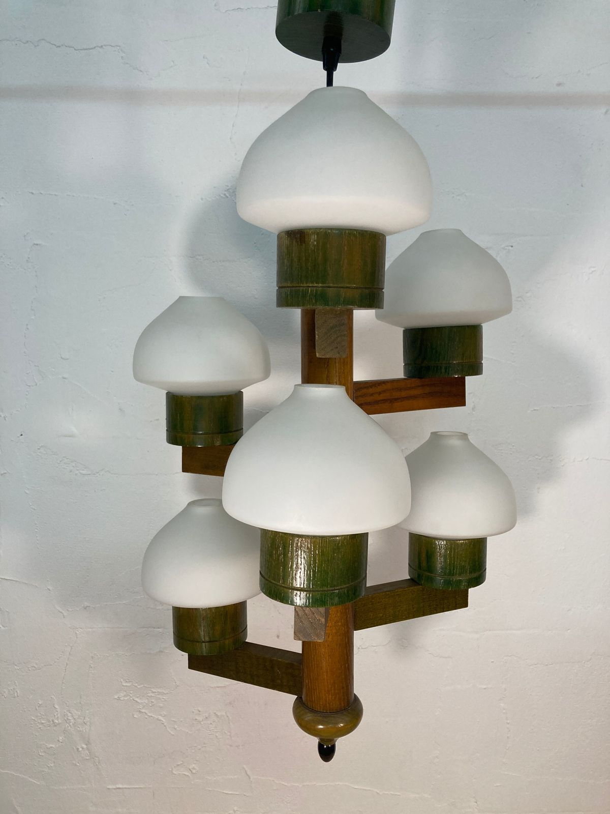 Midcentury Scandinavian Wood And Opaline Glass Hanging Pendant photo Lighting